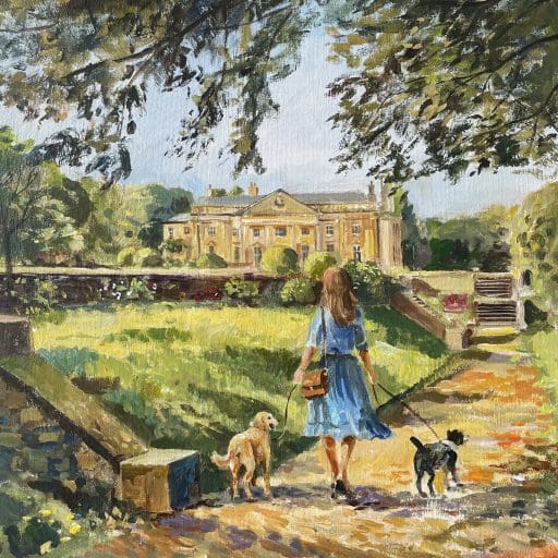 Acrylic painting for sale of a young woman walking with 2 dogs in the grounds of Wortley Hall