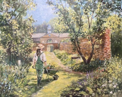 Gardener pushing a wheelbarrow along a sunlit garden path toward a brick wall and a building with a blue bell tower.