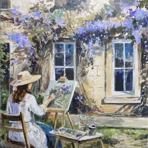 Impressionist painting of a house and garden with a lady artist painting cascading blue‑purple blossoms over windows and a table in the foreground.
