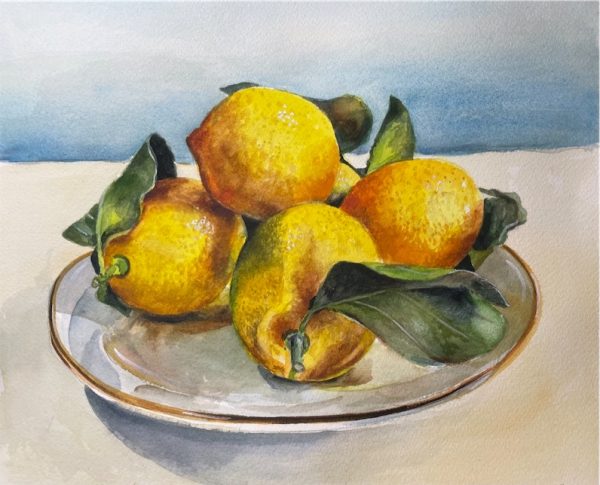 Lemons with Leaves on a Plate